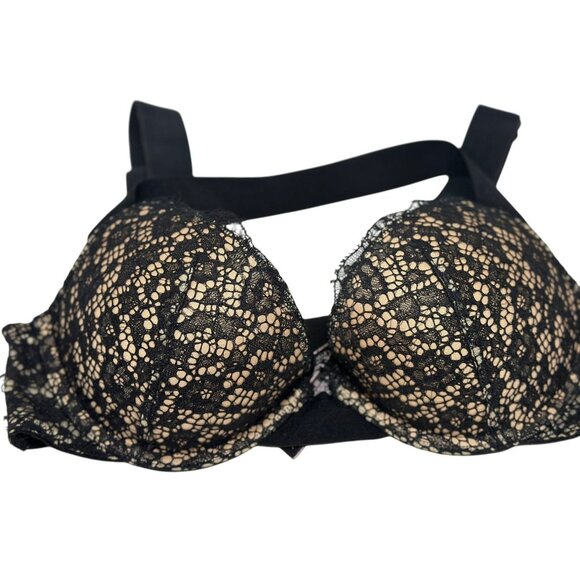 Victoria’s Secret Very Sexy Push-Up Bra – Black Lace on Nude Strappy Banded, 32C - Picture 1 of 7